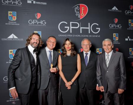 Frédéric Beigbeder (presenter), Jean-Christophe Babin (CEO of Bulgari, winner of the Jewellery Watch Prize 2014), Melanie Winiger (presenter), Johann Schneider-Ammann (Federal councillor) and Carlo Lamprecht (President of the Foundation of the GPHG)