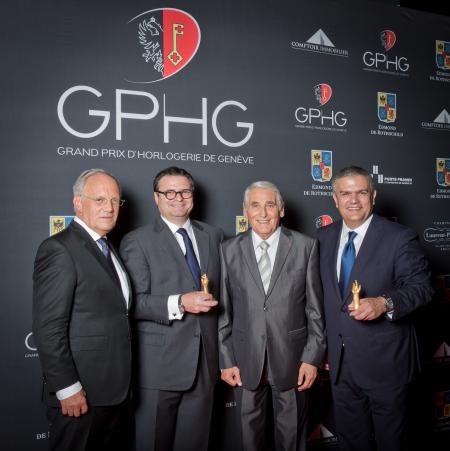 Johann Schneider-Ammann (Federal councillor), Aldo Magada (President & CEO of Zenith, winner of the Sports Watch Prize 2014), Carlo Lamprecht (President of the Foundation of the GPHG) and Ricardo Guadalupe (CEO of Hublot, winner of the Striking Watch Priz