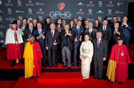 The Prize winners of the Grand Prix d’Horlogerie de Genève 2014 : Bart and Tim Grönefeld (Co-founders of Grönefeld), Kari Voutilainen (Founder of Voutilainen), Felix Baumgartner and Martin Frei (Co-founders of Urwerk), Pierre Jacques (CEO of De Bethune), 