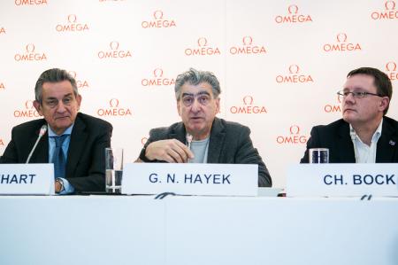 Swatch Group CEO Nick Hayek, Dr Christian Bock, the Director of METAS and Stephen Urquhart, President of OMEGA 