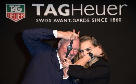 Cara Delevingne and Jean-Claude Biver, CEO of TAG Heuer and President of LVMH Watches Worldwide