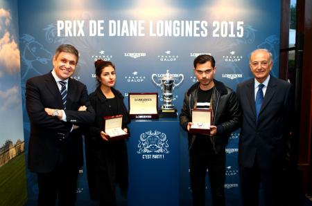 Juan-Carlos Capelli and Bertrand Bélinguier, with Nili Hadida and Benjamin Guimard of the music band Lilly Wood and the Pricks, who will open the 2015 edition of the Prix de Diane Longines with a show