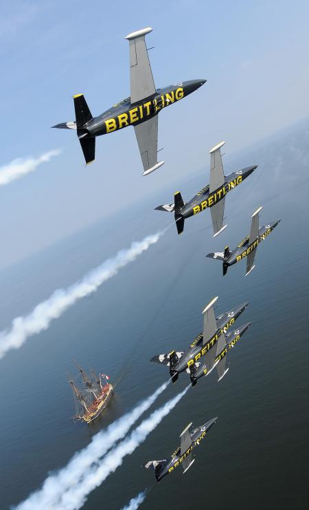 Breitling Jet Team Flies over Replica of 18th Century Ship Hermione in Chesapeake Bay