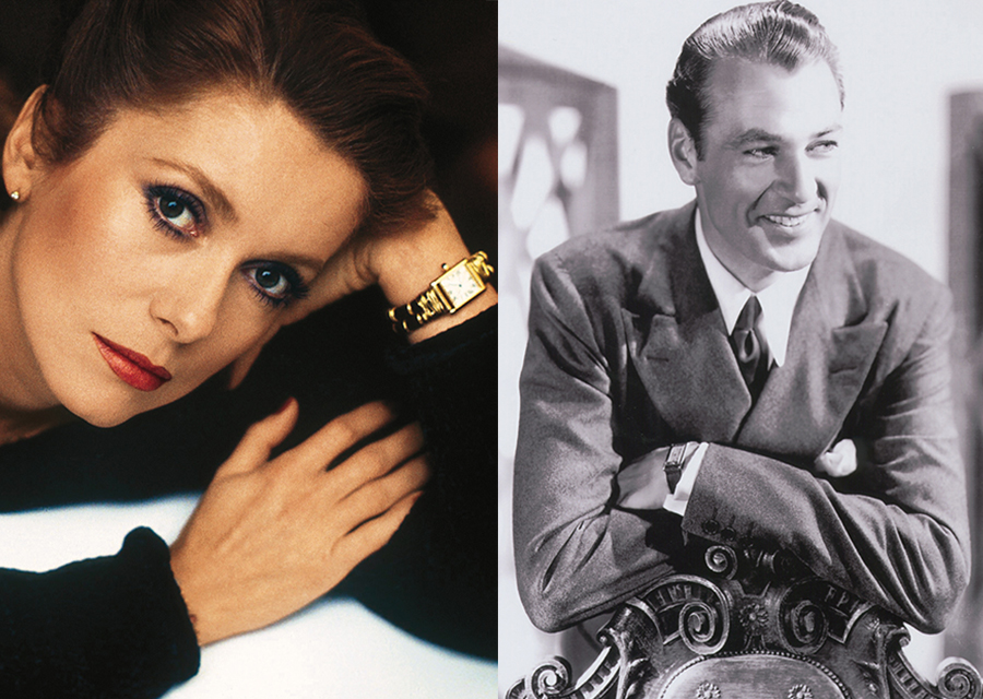 Catherine Deneuve wearing a Tank watch. 1984 - © Jean-Jacques Lapeyronnie/Gamma - American actor, Gary Cooper wearing his Tank Basculante watch - Courtesy of Mrs Maria Cooper Janis /© Rue des Archives /RDA