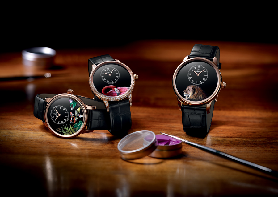 The three exclusive versions of the ''Petite Heure Minute'' conceived in the Jaquet Droz Ateliers d'Art