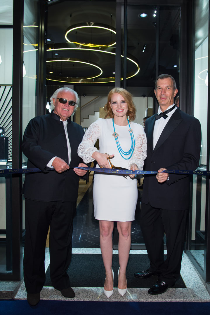 Jessica Chastain était accompagnée de Philippe Léopold-Metzger CEO Piaget et de Monsieur Yves G. Piaget 