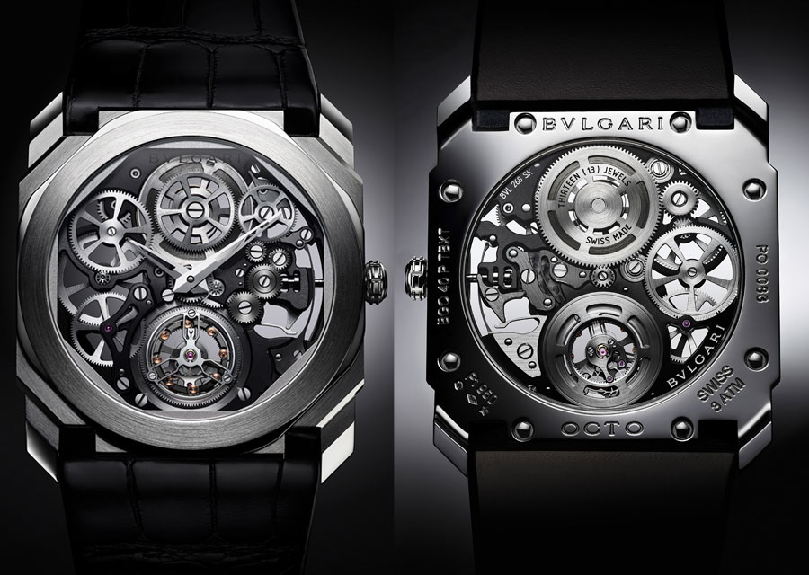 The Octo Finissimo Tourbillon Skeleton from a front and back view