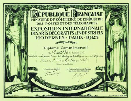 1925 - Grand Prize at the Exhibition of Decorative Arts in Paris