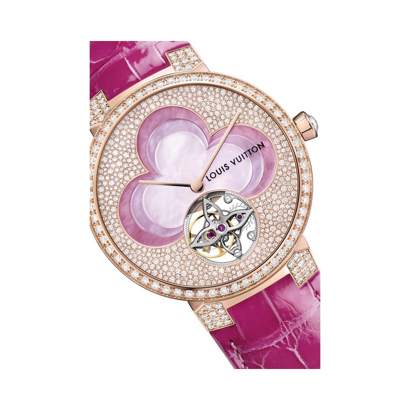 Watch Louis Vuitton Tambour Monogram Blossom Tourbillon  Tambour Monogram  Q1HB00 White Gold - Diamonds - Alligator strap