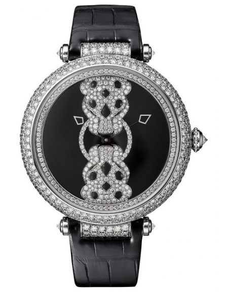 Rencontre de Panthères 42mm, or gris, diamants, émeraudes, laque noire