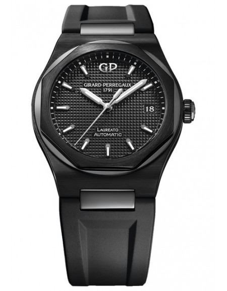 Laureato Ceramics-Céramique noir sur bracelet caoutchouc noir 38mm