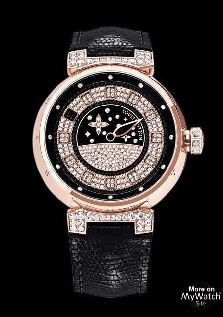 Watch Louis Vuitton Tambour Spin Time Joaillerie  Tambour Spin Time Pink  Gold - Black and White Diamonds - Liard Strap
