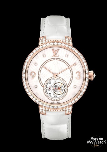 Tambour Monogram 35mm watch in pink gold with diamonds